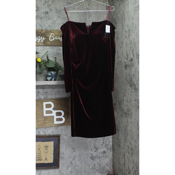 NWT X By Xscape Velvet Long Sleeve Off-The-Shoulder Sheath Dress Burgundy Red 16 - Picture 3 of 8
